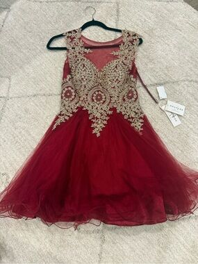 Annylee Women Burgundy Dress with Gold Lace Dress Size M